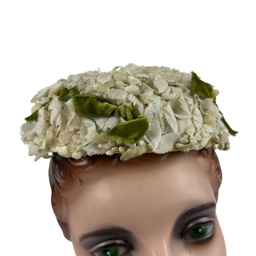 Vintage 50s Floral Hat White Green Bows Formal Round Pillbox B. Forman - Picture 7 of 11